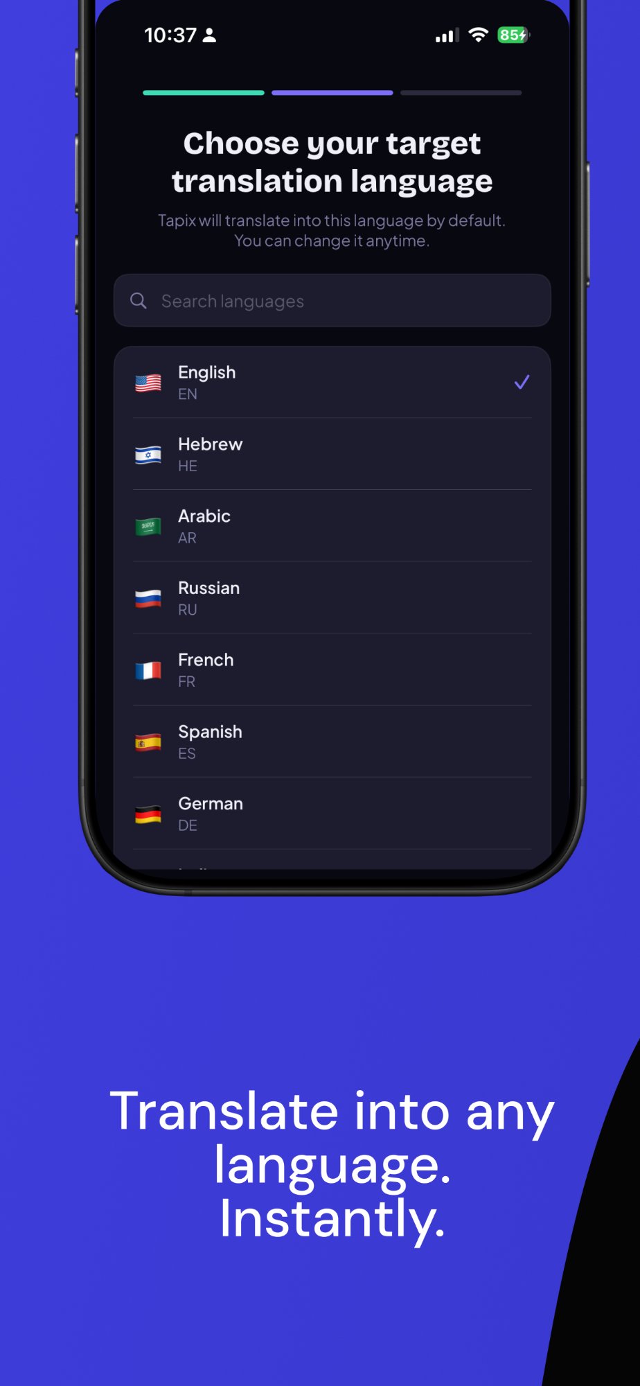 Tapix AI keyboard translation feature — language picker showing 57 languages including English, Hebrew, Arabic, Russian, French, Spanish, German on iPhone