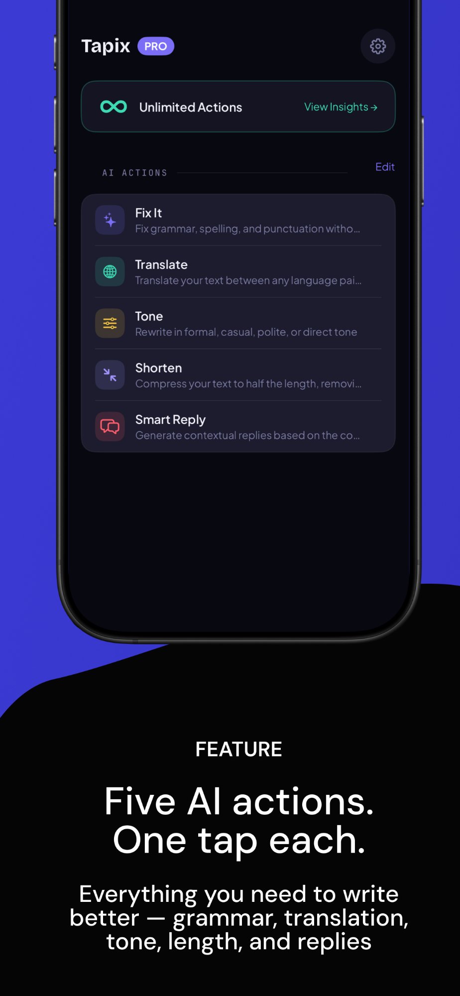Tapix Pro AI keyboard dashboard showing all five actions — Fix It, Translate, Tone, Shorten, Smart Reply — on iPhone